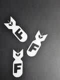 Three white F-bomb vinyl decals displayed on a black background